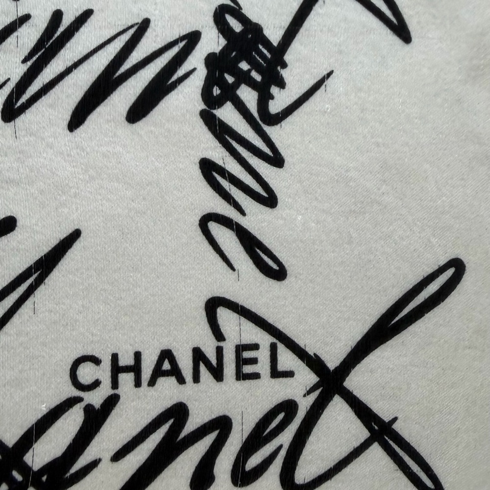 CHANEL White and Black Logo Script Silk Scarf